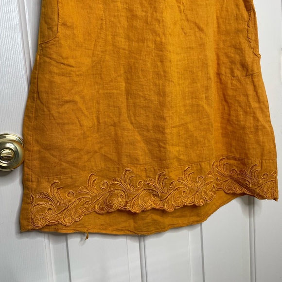 100% LINO Mustard Yellow Short Sleeve linen embroidered Dress with pockets | L - Picture 3 of 11